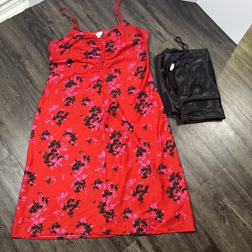 A New Day Womens Slip Dress (XL) Red Floral Midi Dark Romantic Feminine Set Of 2